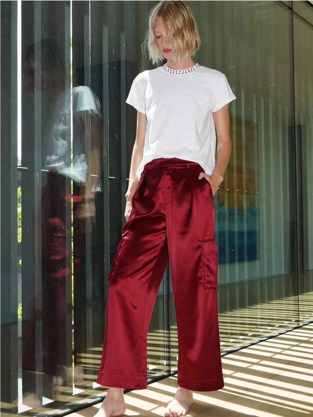 LNA Lou Silky Wide Leg Cargo Pants Red Maroon Size Small
